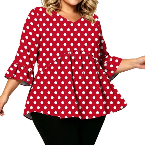 3/4 Sleeve Peplum Tops for Women Plus Size Flowy Shirts Ruffle Hem Dressy Casual Tunic Blouses, Red, 5XL