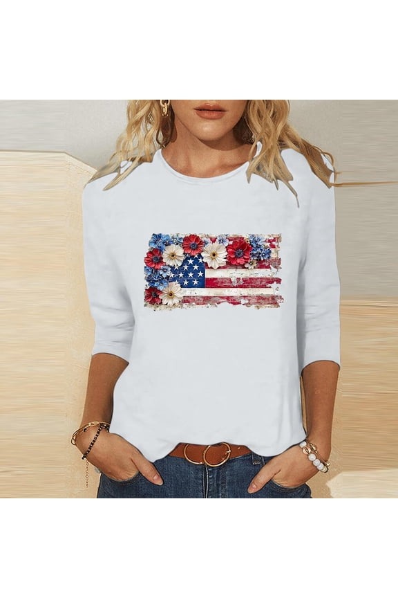 3/4 Sleeve Plus Size Patriotic Tops for Women USA Flag 4th July American Red White Blue Star Stripe T-Shirt Plus Size