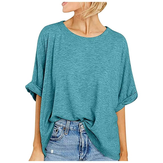 3/4 Sleeve Plus Size T-Shirt for Women Oversized Loose Shirt Solid Color Crew Neck Casual Summer Top