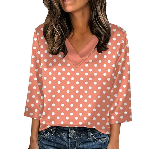 3/4 Sleeve Polka Dot Tops for Women Summer V Neck Tees 2026 Classic Blouses Dressy Casual Work Office Shirts