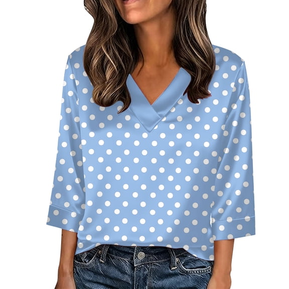 3/4 Sleeve Polka Dot Tops for Women Summer V Neck Tees 2026 Classic Blouses Dressy Casual Work Office Shirts