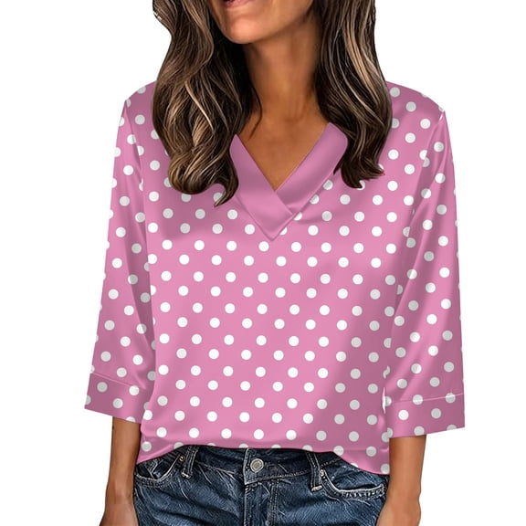 3/4 Sleeve Polka Dot Tops for Women Summer V Neck Tees 2026 Classic Blouses Dressy Casual Work Office Shirts