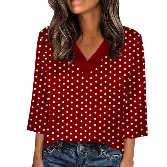 3/4 Sleeve Polka Dot Tops for Women Summer V Neck Tees 2026 Classic Blouses Dressy Casual Work Office Shirts