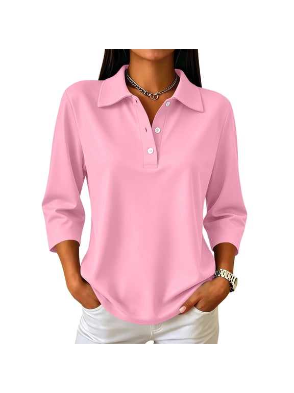 3/4 Sleeve Polo Shirt for Women Casual Daily Wear Soft Cotton Blend Collared Button Up Tops Solid Color Loose Fit White XL