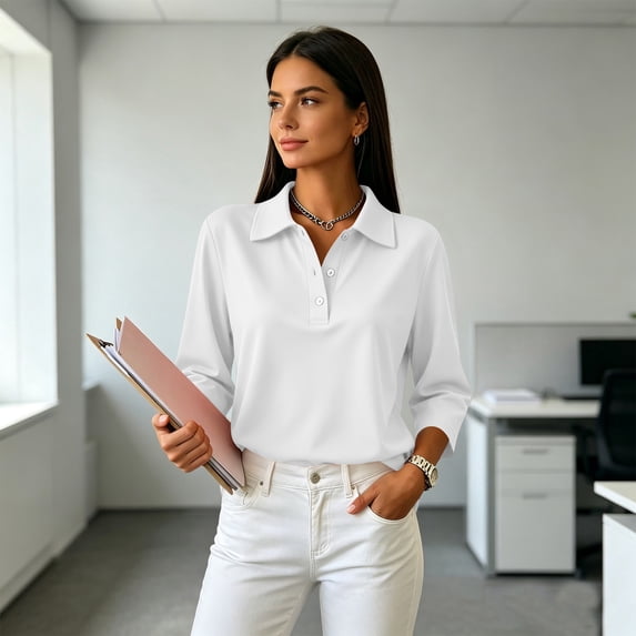3/4 Sleeve Polo Shirts for Women Dressy Button Lapel Collar Golf Tops White 2XL