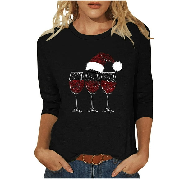 3/4 Sleeve Pullover for Women Wine Glass Sweatshirt Goblet Tops Fashion Festival Outfits Rhinestone Shirts Sequin Tees Merry Christmas Clothes Trendy Tops