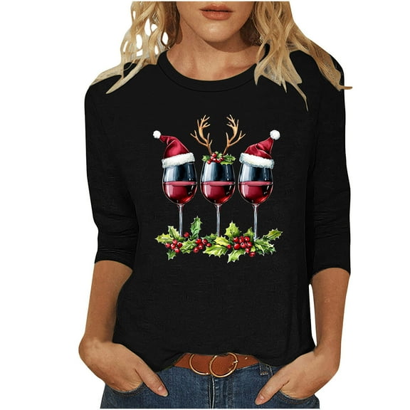 3/4 Sleeve Pullover for Women Wine Glass Sweatshirt Goblet Tops Fashion Festival Outfits Rhinestone Shirts Sequin Tees Merry Christmas Clothes Trendy Tops