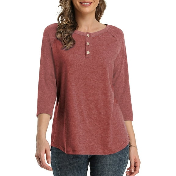 3/4 Sleeve Raglan Shirts for Women Color Block Henley Blouse Button Tunic Tops(B-Wine Red 2XL)
