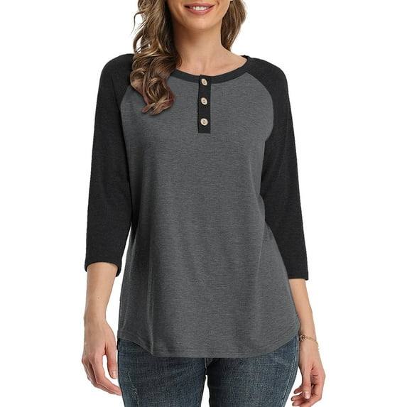 3/4 Sleeve Raglan Shirts for Women Color Block Henley Blouse Button Tunic Tops(Black 2XL)
