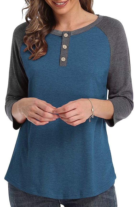 3/4 Sleeve Raglan Shirts for Women Color Block Henley Blouse Button Tunic Tops(Blue 2XL)