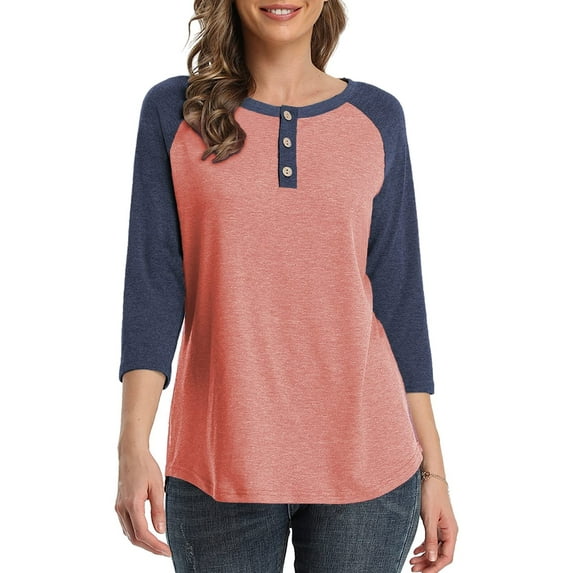 3/4 Sleeve Raglan Shirts for Women Color Block Henley Blouse Button Tunic Tops(Navy Sleeve S)
