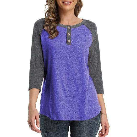 3/4 Sleeve Raglan Shirts for Women Color Block Henley Blouse Button Tunic Tops(Purple L)