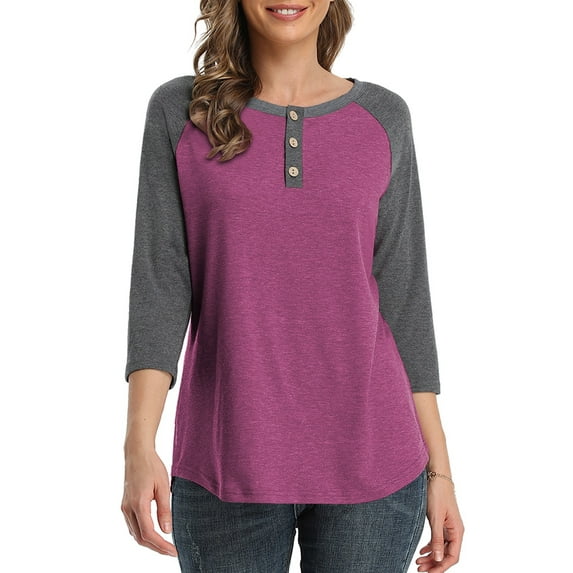 3/4 Sleeve Raglan Shirts for Women Color Block Henley Blouse Button Tunic Tops(Purple Red 2XL)
