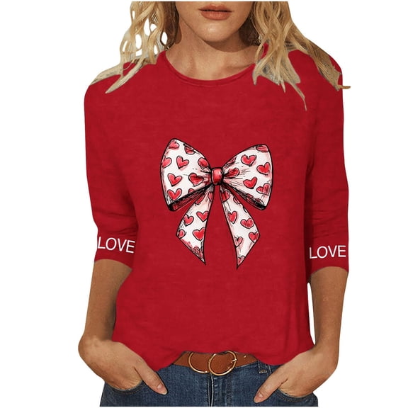 3/4 Sleeve Red Tops for Women Valentines Day Heart Graphic Tee Tops Pullover Cute Crew Neck Valentine T Shirts, 4XL