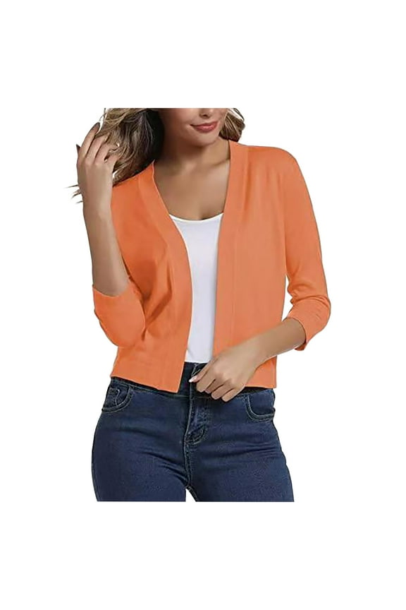 3/4 Sleeve Ribbed Cardigan for Women - Solid Color Open Front Crop Jackets Sweater Cardigans Outerwear Shrugs (L, Orange)