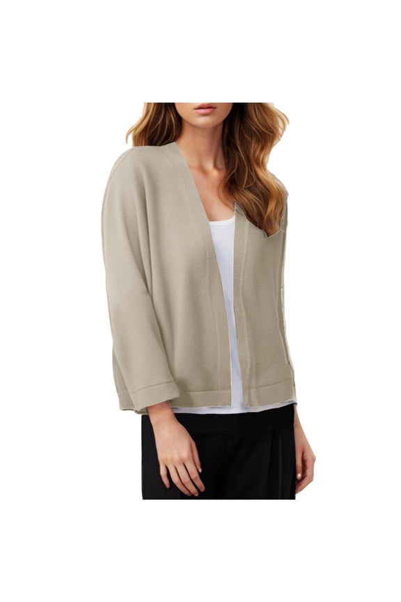 3/4 Sleeve Ribbed Cardigan for Women - Solid Color Open Front Crop Jackets Sweater Cardigans Outerwear Shrugs (M, Beige)