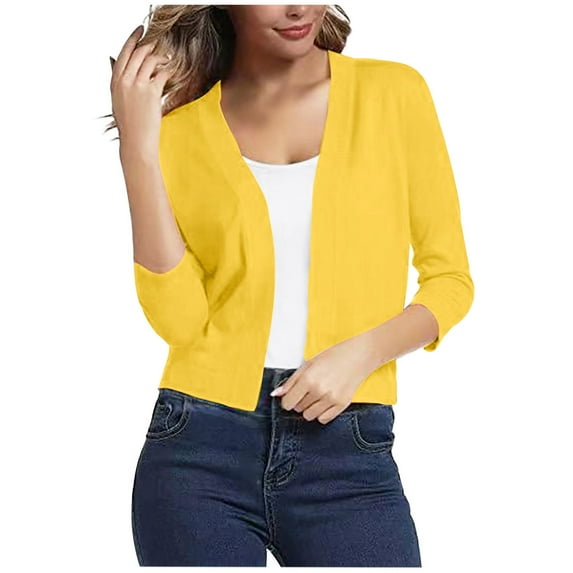 3/4 Sleeve Ribbed Cardigan for Women - Solid Color Open Front Crop Jackets Sweater Cardigans Outerwear Shrugs (M, Yellow)