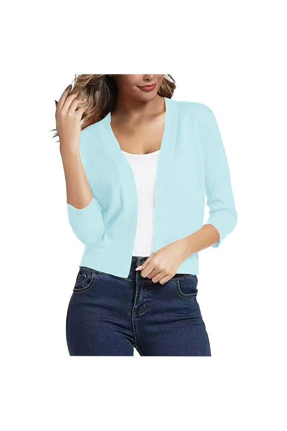 3/4 Sleeve Ribbed Cardigan for Women - Solid Color Open Front Crop Jackets Sweater Cardigans Outerwear Shrugs (S, Light Blue 01)