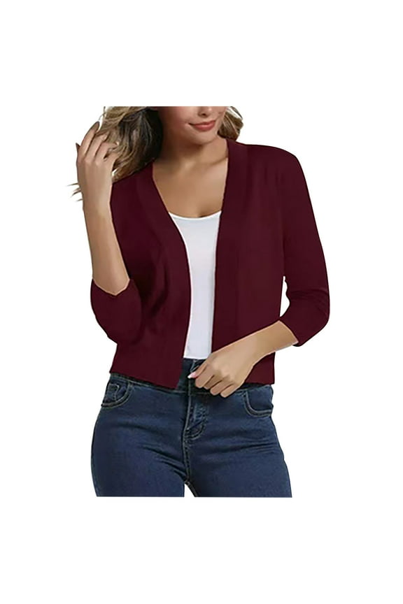 3/4 Sleeve Ribbed Cardigan for Women - Solid Color Open Front Crop Jackets Sweater Cardigans Outerwear Shrugs (S, Wine)