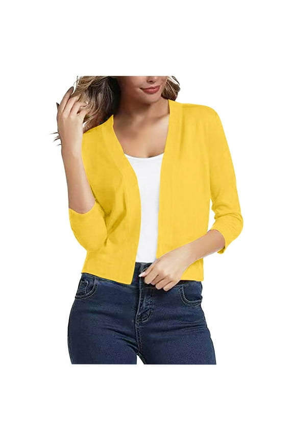 3/4 Sleeve Ribbed Cardigan for Women - Solid Color Open Front Crop Jackets Sweater Cardigans Outerwear Shrugs (XL, Yellow)