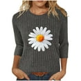 thumbnail image 1 of 3/4 Sleeve Ribbed Knit Tops for Women Daisy Printed Loose Crew Neck Tee Shirts Dressy Casual Pullover Going Out Graphic Blouse, 1 of 6