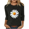 thumbnail image 1 of 3/4 Sleeve Ribbed Knit Tops for Women Daisy Printed Loose Crew Neck Tee Shirts Dressy Casual Pullover Going Out Graphic Blouse, 1 of 6