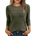 thumbnail image 1 of 3/4 Sleeve Ribbed Tops Womens Hollowed Lace Patchwork Casual Dressy Crewneck Sweater Knit Pullovers Solid Color (L, Army Green), 1 of 6