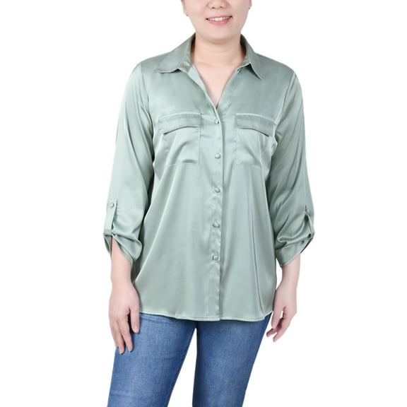 3/4 Sleeve Roll Tab Satin Blouse