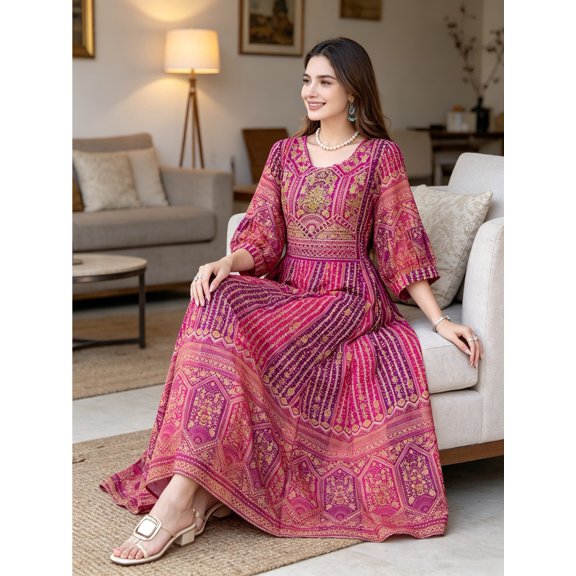 3/4 Sleeve Round Neck Woven Maxi Dress Purple Engineered Geometric Print Back Tie Boho A Line Gown for Wedding Guest and Vacation