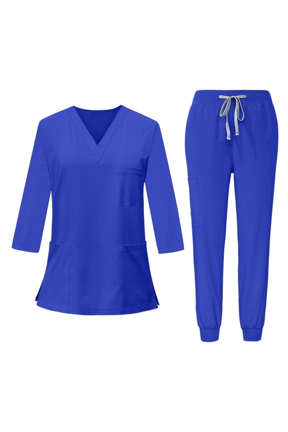3/4 Sleeve Scrub Sets For Woman Nurse Working Uniform Stretch V Neck Scrubs Tops & Joggers Easy Care Workwear,Multi Pockets