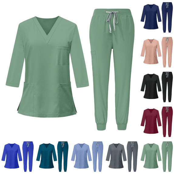 3/4 Sleeve Scrub Suit Set for Women Modern V-neck Top & Tapered Leg Jogger Pants with Drawstring Medical Nursing Uniforms Set Mint Green M