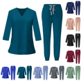 thumbnail image 1 of 3/4 Sleeve Scrub Suit Set for Women Modern V-neck Top & Tapered Leg Jogger Pants with Drawstring Medical Nursing Uniforms Set Turquoise M, 1 of 5