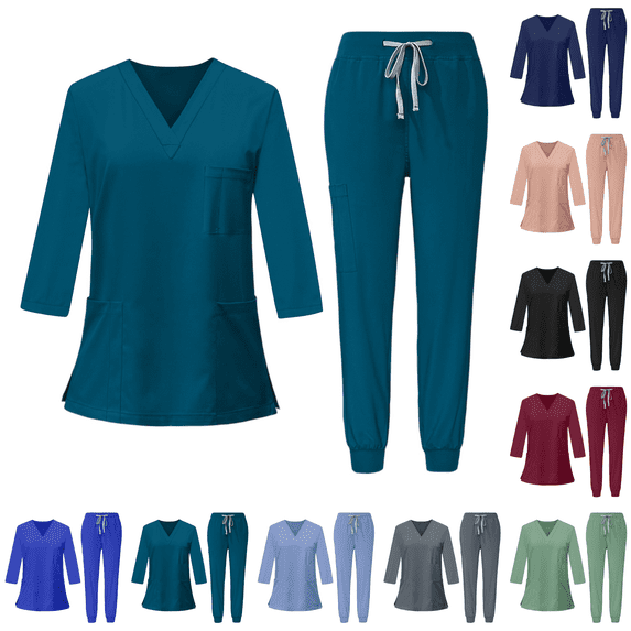 3/4 Sleeve Scrub Suit Set for Women Modern V-neck Top & Tapered Leg Jogger Pants with Drawstring Medical Nursing Uniforms Set Turquoise M