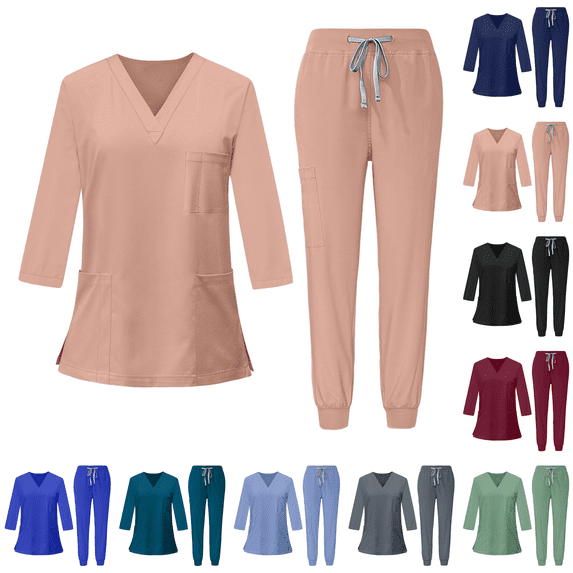 3/4 Sleeve Scrub Suit Set for Women Modern V-neck Top & Tapered Leg Jogger Pants with Drawstring Medical Nursing Uniforms Set Watermelon Red L