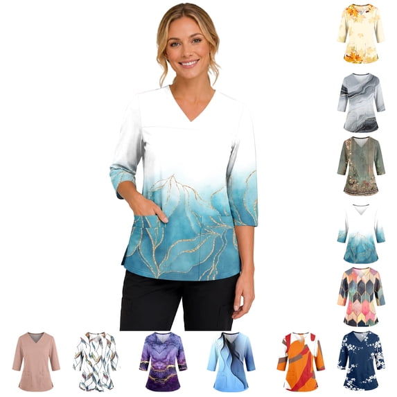 3/4 Sleeve Scrub Tops Women Plus Size Wrinkle-Resist Nurse Uniforms Fashion V Neck Floral Print Side Slits Scrub Tops Breathable Medical Workwear with Pockets Yellow 4XL