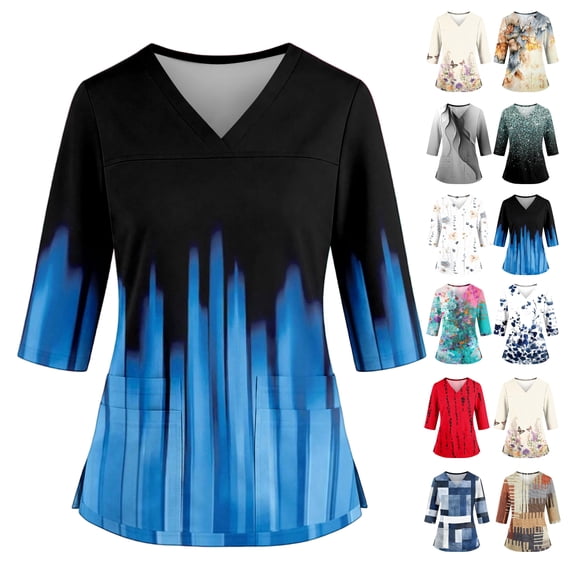 3/4 Sleeve Scrub Tops Women Premium Vintage Nurse Working Uniforms Fashion V Neck Gradient Side Slits Scrub Shirt Breathable Medical Workwear with Pockets Royal Blue XL