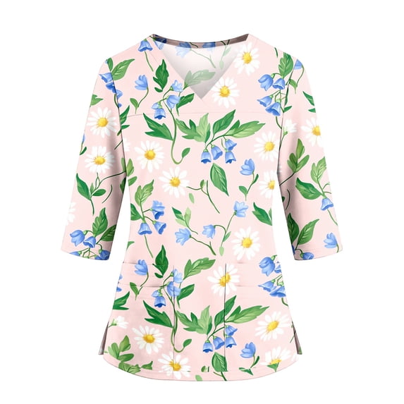 3/4 Sleeve Scrubs for Women Plus Size Wrinkle-Resist Nurse Working Uniforms Trendy V Neck Floral Print Side Slits Scrub Shirt Ultra Soft Medical Workwear with Pockets Mint Green XL
