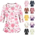 thumbnail image 1 of 3/4 Sleeve Scrubs for Women Plus Size Wrinkle-Resist Nursing Uniform Fashion V Neck Floral Print Side Slits Scrub Shirt Breathable Tees Blouse with Pockets Light pink 3XL, 1 of 7