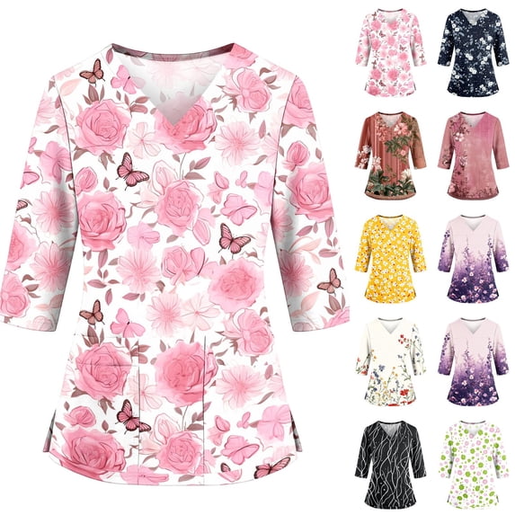 3/4 Sleeve Scrubs for Women Plus Size Wrinkle-Resist Nursing Uniform Fashion V Neck Floral Print Side Slits Scrub Shirt Breathable Tees Blouse with Pockets Light pink 3XL