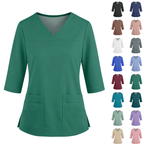 3/4 Sleeve Scrubs for Women V Neck Scrub Top with Pockets Stretchy Durable Breathable Easy Care Medical Uniform Dark Green M