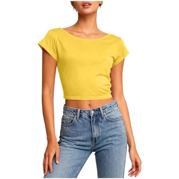 Crop Tees for Women Backless Crew Neck Short Sleeve Crop Tops Female Solid Color Pullover Cropped T-Shirt