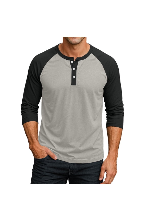 3/4 Sleeve Shirt Men Button Henley Baseball T-Shirts 2026 Fall Casual Sport Athletic Jersey Tee Tops Gray 3XL