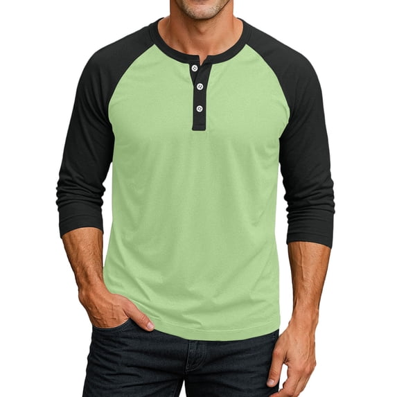 3/4 Sleeve Shirt Men Button Henley Baseball T-Shirts Fall Casual Sport Athletic Jersey Tee Tops Light Green 3XL