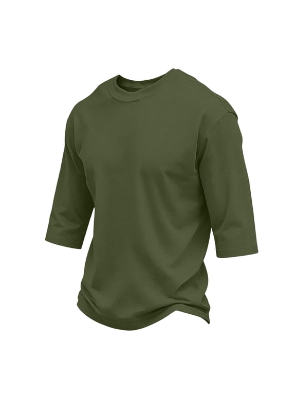 3/4 Sleeve Shirt Men Casual comfort Crewneck Baseball solid T-Shirts Fall Sport Athletic Basic Going Out Tops Army Green L