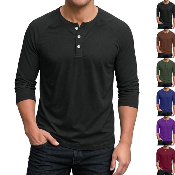3/4 Sleeve Shirt for Men Regular Fit Henley T-Shirt Pullover Lightweight Gym Workout Baseball Tops Button Up Shirts Black 2XL