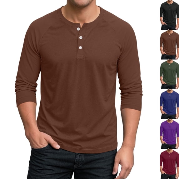 3/4 Sleeve Shirt for Men Regular Fit Henley T-Shirt Pullover Lightweight Gym Workout Baseball Tops Button Up Shirts Brown S