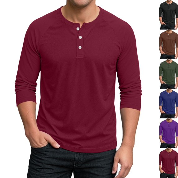 3/4 Sleeve Shirt for Men Regular Fit Henley T-Shirt Pullover Lightweight Gym Workout Baseball Tops Button Up Shirts Wine L