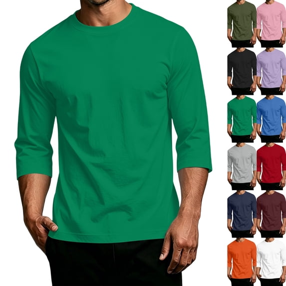 3/4 Sleeve Shirt for Men Solid Color Crew Neck Baseball T-Shirts Casual Loose Fit Three Quarter Sleeve Tees Shirts Green L