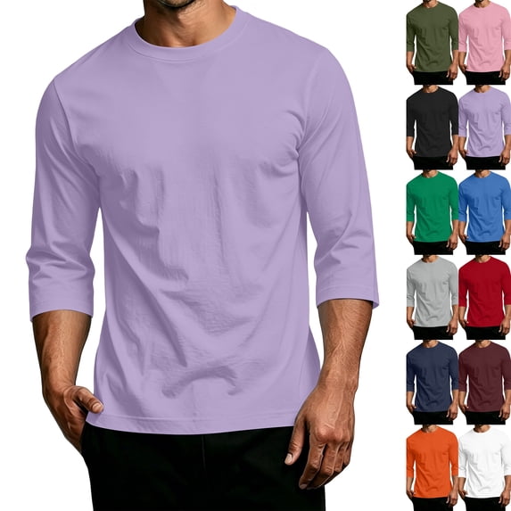 3/4 Sleeve Shirt for Men Solid Color Crew Neck Baseball T-Shirts Casual Loose Fit Three Quarter Sleeve Tees Shirts Purple M