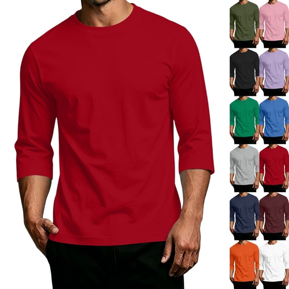 3/4 Sleeve Shirt for Men Solid Color Crew Neck Baseball T-Shirts Casual Loose Fit Three Quarter Sleeve Tees Shirts Red M